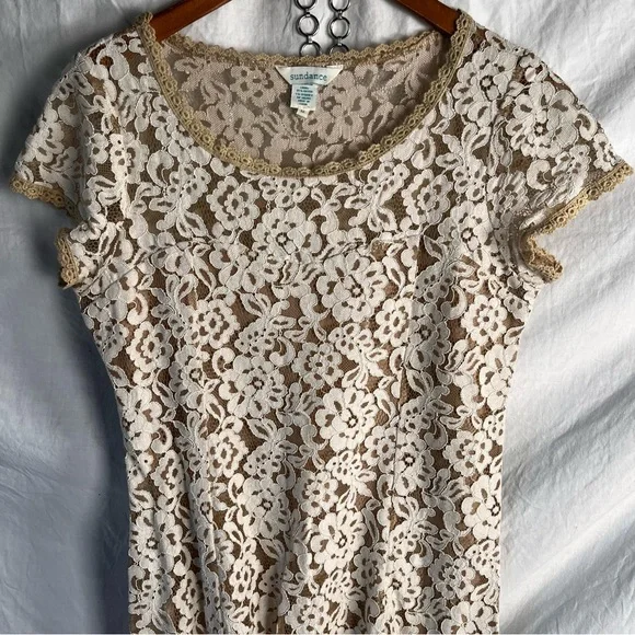 Sundance Sweetheart Dress Nude Cream Floral Lace Overlay Size Medium Boho  Midi
